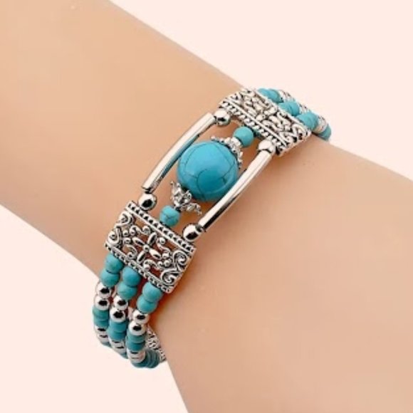 Elegant Turquoise Boho Bracelet Silver Plated- Measures approx 7.49" - Picture 1 of 4